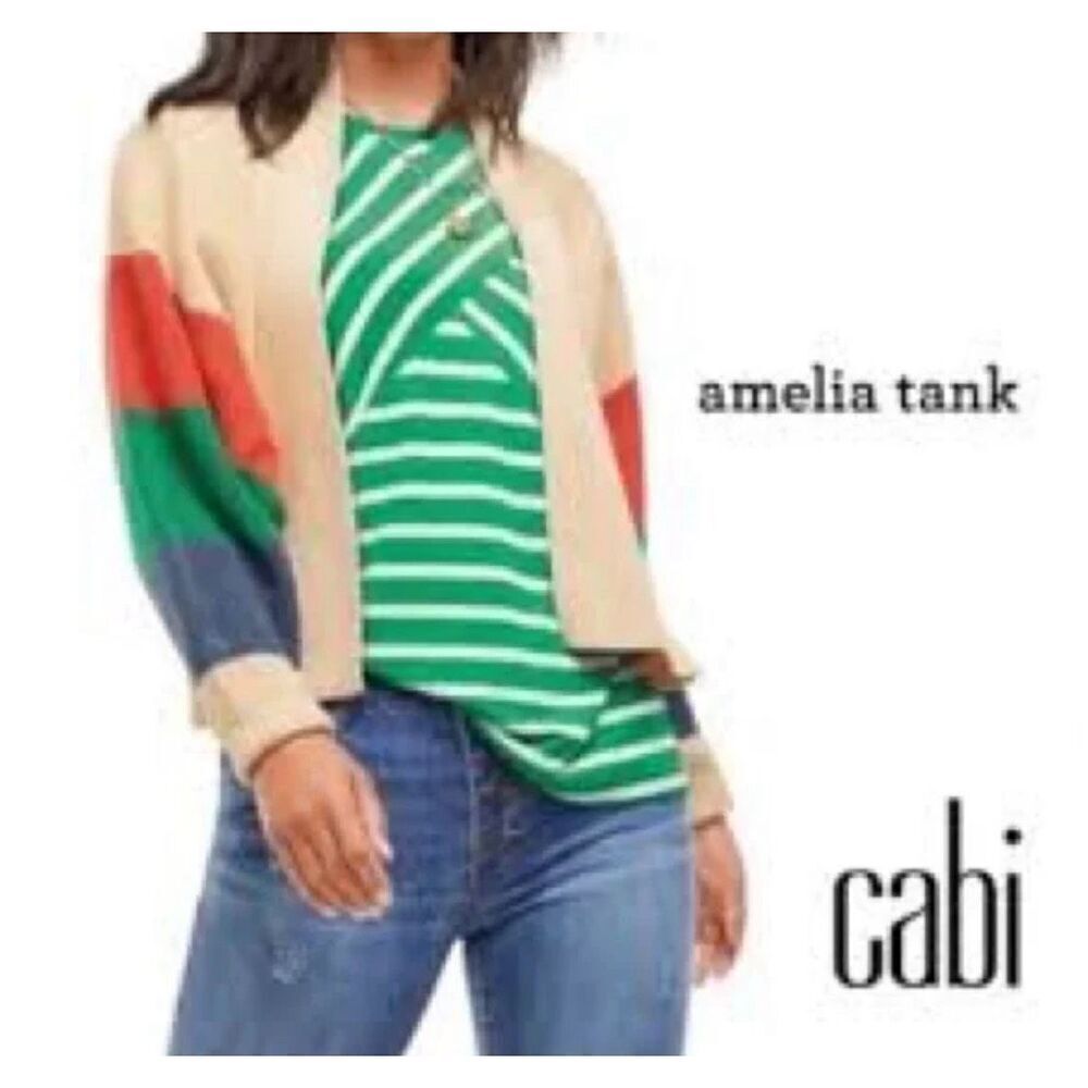 CAbi Amelia Sleeveless Top Kelly Green White Striped‎ Medium #5758